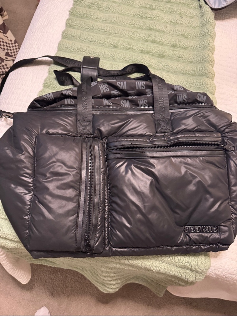 Steve Madden Black Quilted Duffel Bag with Exterior Pockets - weekender